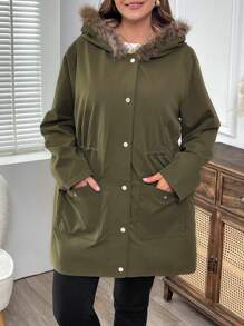 EMERY ROSE Plus Size Women's Autumn/Winter Furry Patchwork Long Sleeve Drawstring Waist Pocket Single-Breasted Hooded Casual Outwear - Army Green - View 6