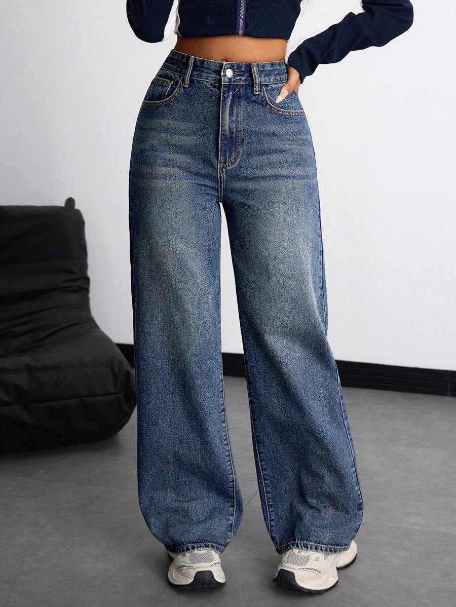 Flirla Plus Size Women Pocketed Button Casual Versatile Straight Leg Jeans For Daily Wear - Dark Wash - View 1