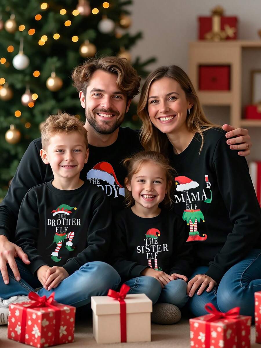 SHEIN Adult Men's Spring/Autumn Printed Pullover Sweatshirt, Family Matching Crew Neck Long Sleeve Tops, Christmas - Black - View 1