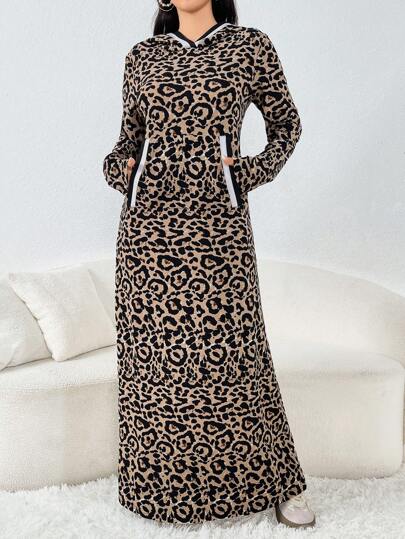 Mulvari Women's Leopard Print Pockets Long Sleeve Hooded Casual Abaya Modest Dress