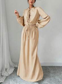 SHEIN Privé 2 件套女士休闲浪漫 V 领灯笼袖衬衫和高腰抽绳裙套装