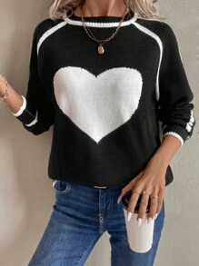 EMERY ROSE Women's Round Neck Raglan Sleeve Heart Pattern Casual Pullover Sweater, Autumn/Winter, Knit Pullover Fall - Black and White - View 3