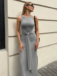 SHEIN Essnce Women's Autumn Gray Long Dress Elegant Summer Casual Everyday Slim Fit Waist Tie Hem Slit Teacher Wear 2 In 1 Sleeveless Inner Back To School Dress - Grey - View 4