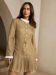 Anewsta 女士优雅格子拼接荷叶边短裙 - 卡其色 - 查看 5