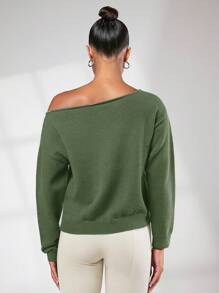 SHEIN BASICS 女士纯色不对称领休闲长袖套头毛衣 - 軍綠色 - 查看 2