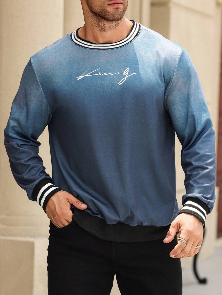 Manfinity Homme 男士大码休闲春秋字母条纹圆领长袖运动衫 - 彩色 - 查看 1