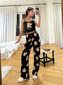 SHEIN 2pcs Cute Cartoon Bear Printed Camisole And Straight Leg Pants Sleepwear Set For Teens, Comfortable And Flame Retardant - Black - View 3