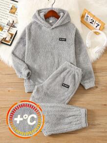 SHEIN 2 件套 Tween 男童冬季简约字母图案连帽衫和柔软羊毛睡衣套装 - 淺灰色 - 查看 1