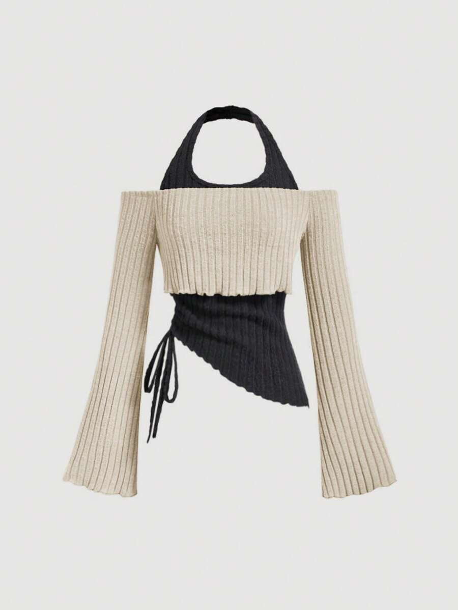 SHEIN MOD 女士单肩抽绳不对称喇叭袖二合一 T 恤 - 杏色 - 查看 1