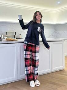 SHEIN 2 件套少女简约格子口袋装饰圆领长袖睡衣套装，配格子法兰绒长裤，秋冬季 - 彩色 - 查看 3