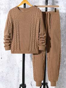 Teen Boys' Solid Color Crew Neck Sweater And Drawstring Sweatpants Set, Suitable For Autumn/Winter