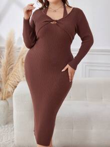 Mulvari Plus Size Solid Color Twist-Twist Textured Long Sleeve Sweater Dress - Brown - View 3