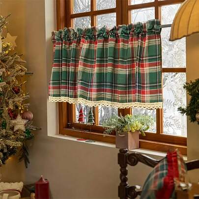 1pc Christmas Green Plaid Fringed Short Curtain, American Vintage Farmhouse Style Coffee Curtain,  Soft Comfort Holiday Decor Curtain, For Dining Room Kitchen Cafe Doorway Divider