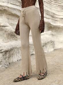 Aveloria High Waisted Belted Wide Leg Ripped Detail Relaxed Fit Women's Knit Pants