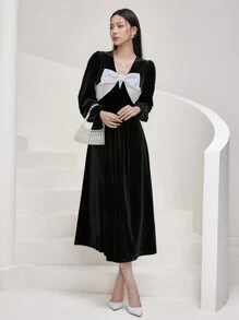 Modelyn Vestido largo de manga larga elegante con decoración de moño para mujeres, vestidos largos de noche de primavera y otoño