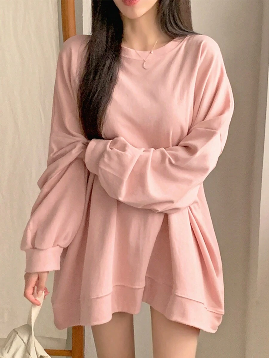 DAZY 女士休闲宽松中长款纯色运动衫,秋季,返校服装 - 粉色 - 查看 1