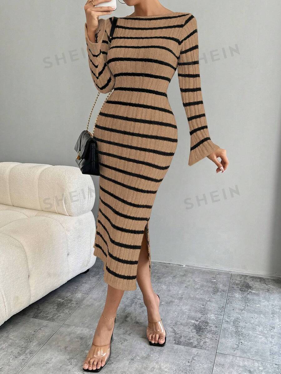 Chiquease Vestido de punto con abertura con mangas acampanadas a rayas para mujer