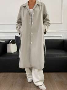 DAZY 1pc Women's Loose Solid Color Long Sleeve Waist Belt Pocket Trench Coat
