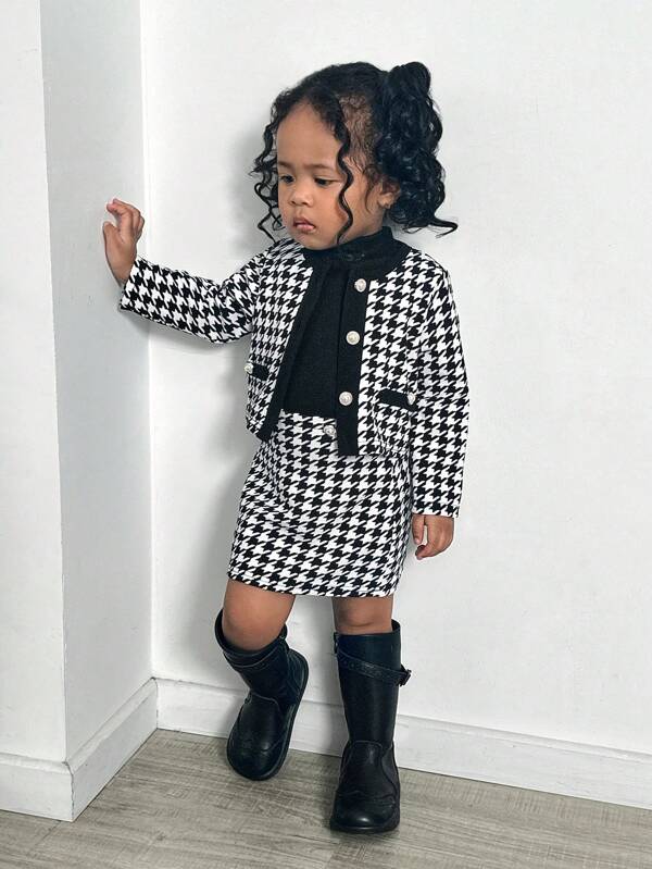 SHEIN 3 peças/conjunto bebê menina fofo houndstooth patchwork manga longa jaqueta, saia elástica na cintura, colete de malha, outono e inverno