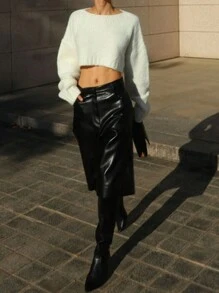 DAZY Women's Solid Color Versatile PU Bermuda Shorts, Neutral Style For Spring, Summer, Autumn Seasons Leather Shorts - Black - View 6