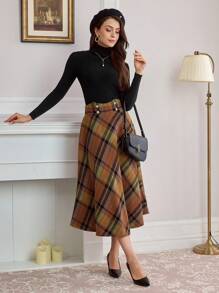 Vintamour Retro Elegant Daily A-Line Skirt, Checkered Orange-Brown Thanksgiving Women Outfit Fall Clothes Winter Women Skirt