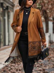 SHEIN LUNE Plus Size Women Geometric Pattern Lapel Collar Fringe Hem Overcoat, Fall Clothes, For Winter Autumn - Brown - View 1
