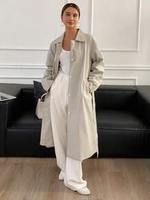 DAZY 1pc Women's Loose Solid Color Long Sleeve Waist Belt Pocket Trench Coat
