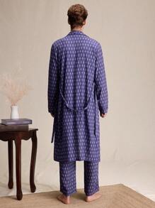 EverLounge Men's Floral Print Shawl Collar Long Sleeve Long Casual Home Robe - Purple - View 3