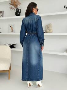 EURMUSE Elastic Belt Detailed Elegant Denim Dress - Medium Wash - View 2