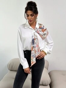 SHEIN Privé Women's Silk Scarf Print Decorative Tie Elegant Slim Fit White Blouse