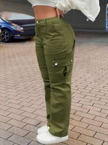 Plus Size Solid Color Front Button Closure Multi-Pockets Casual Cargo Pants - Army Green - View 6