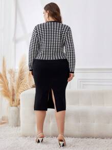 Mulvari 2pcs Plus Size Houndstooth Print Long Sleeve Jacket And Solid Color Sleeveless Dress With Core-Spun Yarn Elegant Sweater Set 2 Pieces Set - Black - View 2