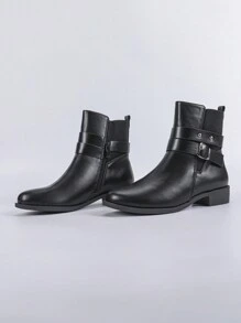 CUCCOO BIZCHIC Women's Fashionable Versatile Short Boots, Black Chunky Heel Ankle Boots, New Autumn Boots With Button Decor, Side Zip, Elastic Panel, Round Toe, Comfortable For And Spring Shoes Spring Break Easter For Christmas