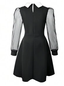 1pc Girls Wednesday Shirt Collar Black Mesh Patchwork Long Sleeve Dress, Mesh Puff Sleeve Dress, Autumn (Dress Only) - Black - View 8