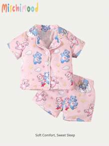SHEIN Baby Girl Pink Panda Print Short Sleeve Cardigan With Shorts Casual 2pcs Home Outfit