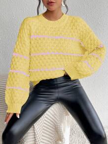 Chiquease Women's Casual Stripe Round Neck Drop Shoulder Pullover Sweater, Autumn/Winter Knit Pullover Fall - Yellow - View 5