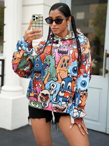 Manfinity Unisex 男士宽松图案印花落肩休闲连帽衫，适合秋冬季 - 彩色 - 查看 3