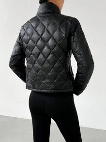 SHEIN EZwear Chaqueta casual con cremallera delantera, relleno de plumas y manga larga de unicolor para mujer - Negro - Ver 3