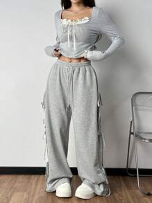 SHEIN EZwear Women's Spring Autumn Ruffle Trim Front Tie Long Sleeve T-Shirt And Drawstring Waist Wide Leg Pants Casual 2-Piece Set