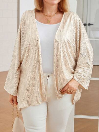 大码蝙蝠袖前开亮片夹克