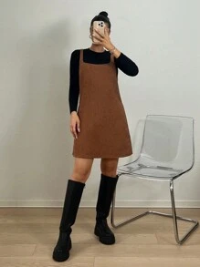 SHEIN EZwear Vestido corto sin mangas de otoño de línea A de pana marrón, nuevo para el otoño - Marrón - Ver 4