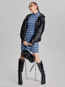 SHEIN Vestido con cuello de pie, estampado de rayas y flores, con recorte hueco para niñas adolescentes