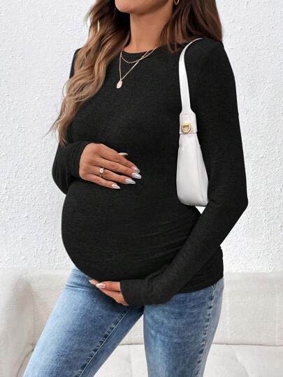 SHEIN Maternity Casual Solid Color Long Sleeve T-Shirt, Autumn