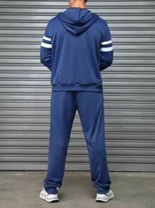 Manfinity Homme Men's Striped Eagle Print Zip-Front Hooded Sweatshirt And Pants Casual Tracksuit Spring & Autumn - Navy Blue - View 5