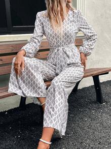 SHEIN LUNE 1pc All-Over Print Wide-Leg Jumpsuit, Autumn