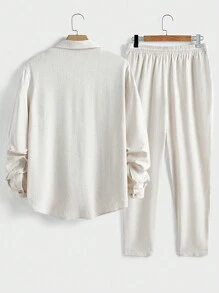 Manfinity VCAY 2 件男士修身休闲翻领长袖编织衬衫套装，秋季 - 杏色 - 查看 2