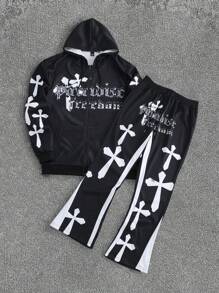 Manfinity Homme 2 件大码男士春秋字母和十字印花前拉链连帽衫运动衫和运动裤休闲运动服套装 - 黑與白 - 查看 1