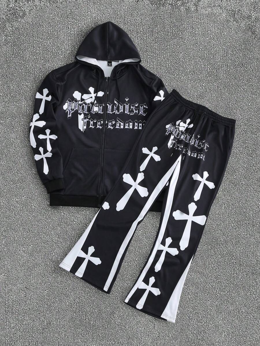 Manfinity Homme 2 件大码男士春秋字母和十字印花前拉链连帽衫运动衫和运动裤休闲运动服套装 - 黑與白 - 查看 1