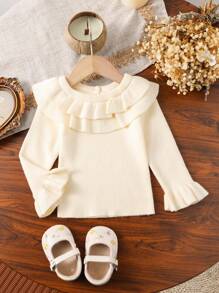 Baby Girl Fashionable Cute Double Ruffle Collar Ribbed Knit Sweater