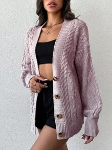 EURMUSE 女式休闲落肩宽松单排扣粗针织开衫 - 粉色 - 查看 5